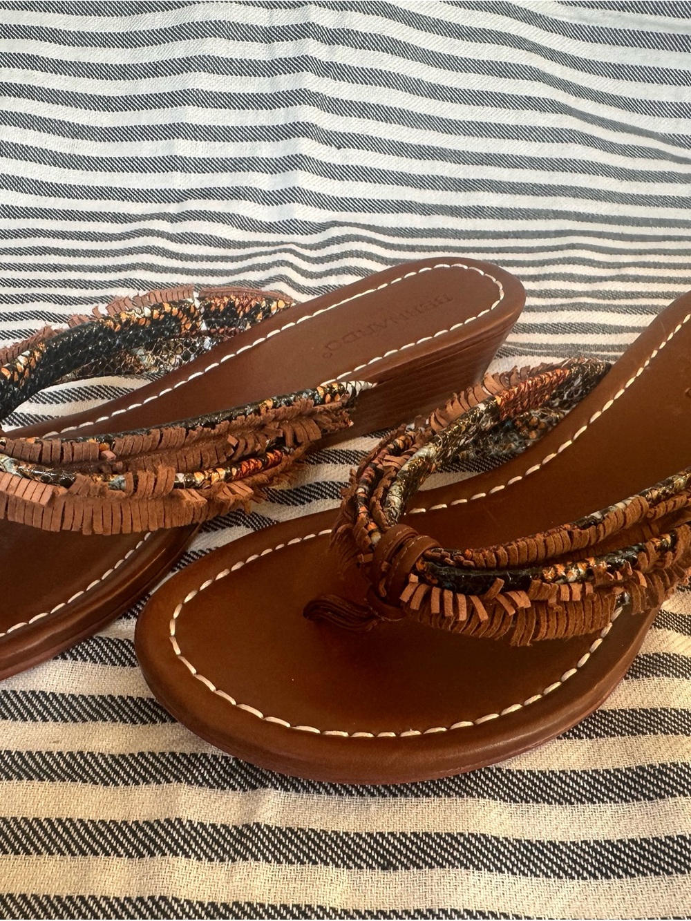 Bernardo Brown Braided Fringe Wedge Sandals